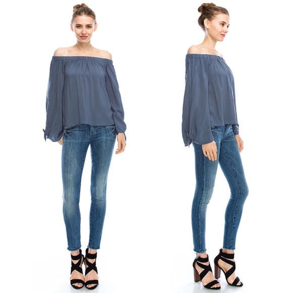 Off Shoulder Tie Cuff Drapey Blouse French Blue - Picture 3 of 3